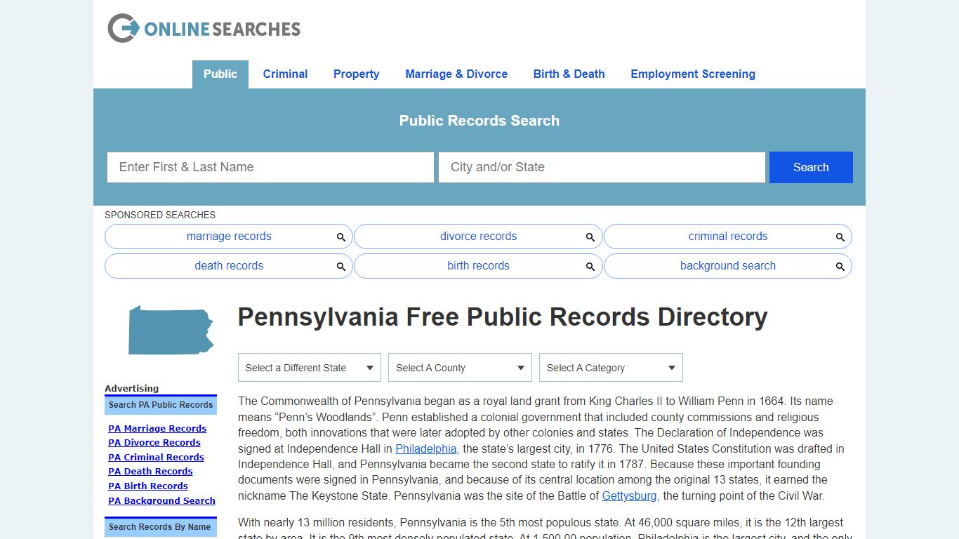 Pennsylvania Free Public Records Directory - OnlineSearches.com
